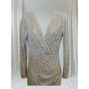Windsor Silver Sequin Long Sleeve Surplice Mini Dress Size L